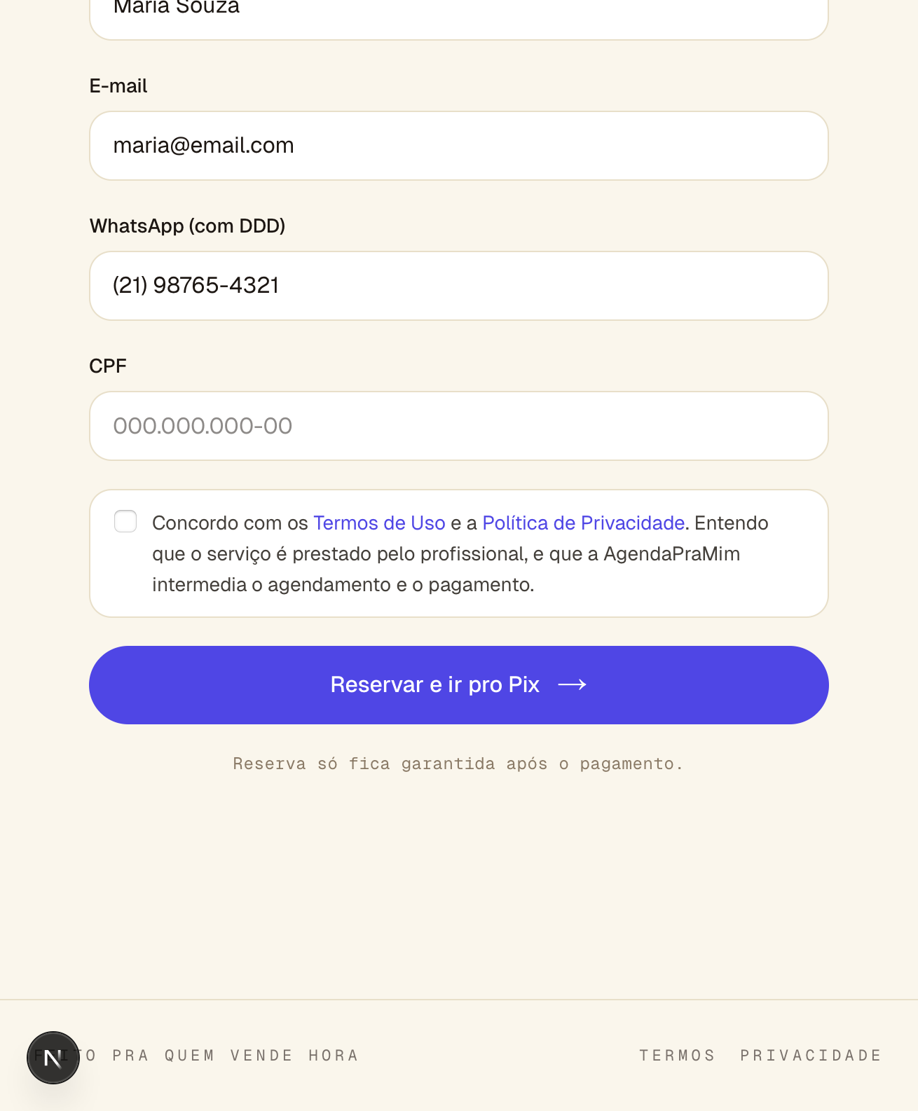 Formulário de reserva