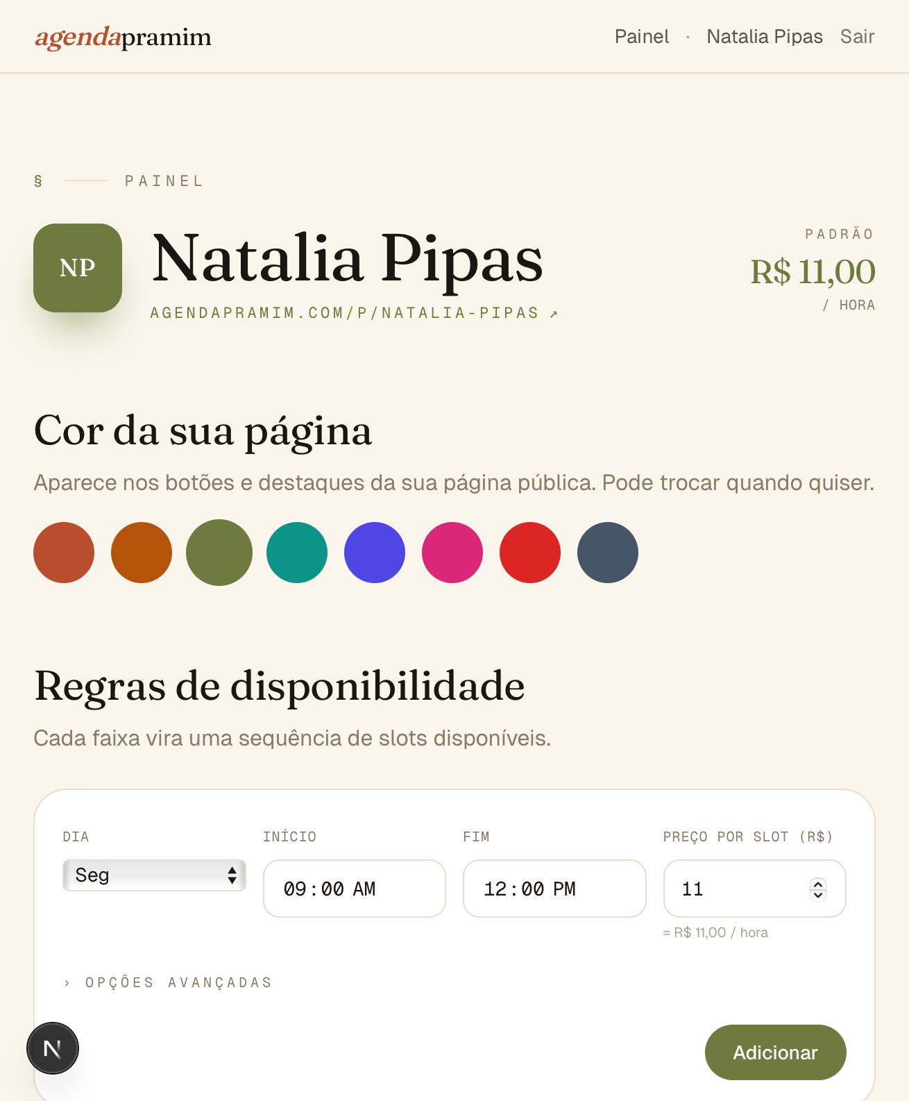 Painel com cor e regras